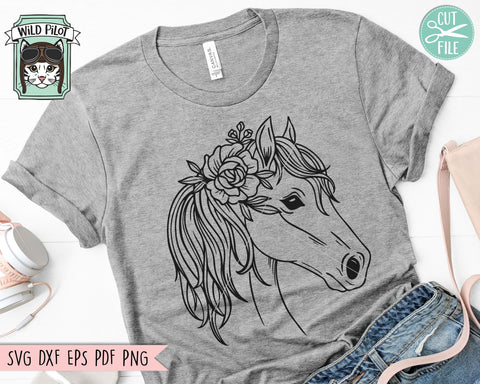 Horse SVG File, Horse With Flower Crown SVG, Horse Cut File, Animal Face SVG, Floral Crown SVG, Horse With Flowers On Head SVG, Cute Horse Face SVG SVG Wild Pilot 
