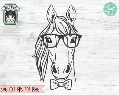 Horse SVG File, Horse With Glasses Bowtie SVG, Horse Cut File, Animal Face SVG, Hipster SVG, Cute Boy Horse SVG, Cute Horse Face SVG, Eyeglasses SVG SVG Wild Pilot 