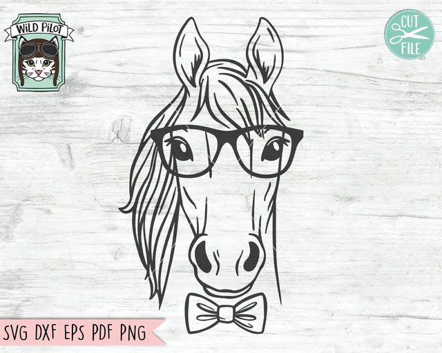 Horse SVG File, Horse With Glasses Bowtie SVG, Horse Cut File, Animal Face SVG, Hipster SVG, Cute Boy Horse SVG, Cute Horse Face SVG, Eyeglasses SVG SVG Wild Pilot 