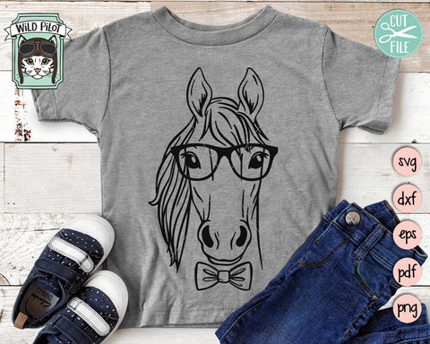 Horse SVG File, Horse With Glasses Bowtie SVG, Horse Cut File, Animal Face SVG, Hipster SVG, Cute Boy Horse SVG, Cute Horse Face SVG, Eyeglasses SVG SVG Wild Pilot 