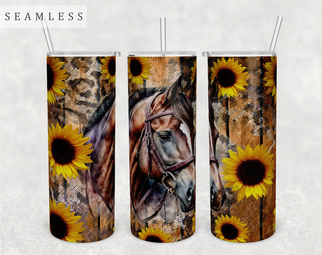 Horse Tumbler Wrap, 20 Oz Skinny Tumbler Sublimation Design, Seamless Horse And Sunflowers Tumbler PNG Sublimation HappyDesignStudio 