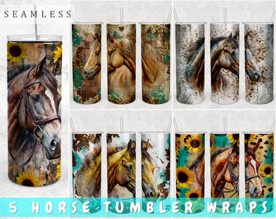Horse Tumbler Wraps Bundle, 20 Oz Skinny Tumbler Horse Sublimation Designs, Seamless Horse PNG, 5 Designs Sublimation HappyDesignStudio 