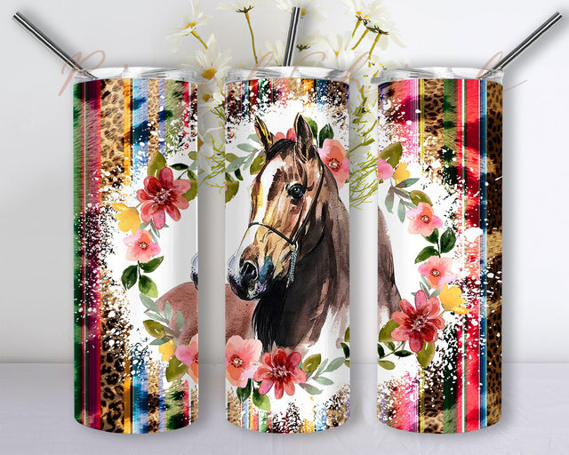 Horse With Flower Wreath Tumbler PNG Design Western Sublimation Designs, Horse 20 oz Skinny Tumbler Sublimation PixelChick 