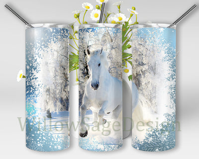 Horses 20oz Skinny Tumbler, Winter Horse Tumbler Wrap, Beautiful White Horse Design Png, Snowflakes Png, Horses Sublimation Design, Instant Download Sublimation WillowSageDesign 