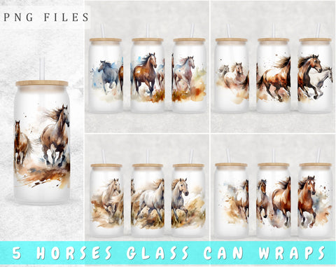 Horses Libbey Glass Can Wraps, 16oz Glass Can Sublimation Designs, Horses Glass Can PNG Files Sublimation HappyDesignStudio 