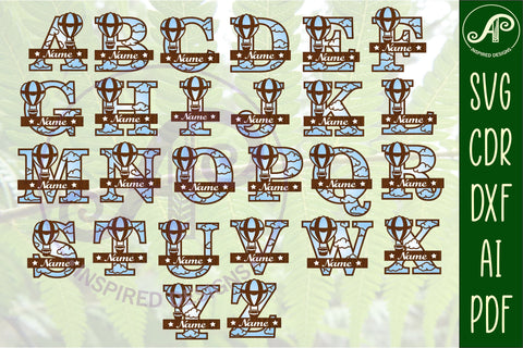 Hot air balloon monogram letter Name signs 3 layer design bundle SVG APInspireddesigns 