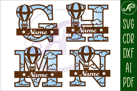 Hot air balloon monogram letter Name signs 3 layer design bundle SVG APInspireddesigns 