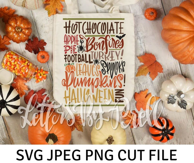 Hot Chocolate Apple Pie Bonfires Football Turkey Pumpkins - Autumn Themed Hand Lettered SVG Cut File SVG Letters By Prell 