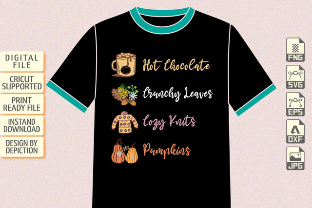 Hot Chocolate Cruuchy Leaves Cozy Knits Pumpkins Shirt Design, Thanksgiving T-Shirt, Fall Design Print Template Sketch DESIGN Depiction Studio 
