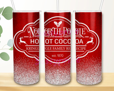 Hot Cocoa 20oz Tumbler Wrap PNG Download, North Pole PNG, Christmas Red Glitter tumbler Sublimation Design Sublimation sassyprint 