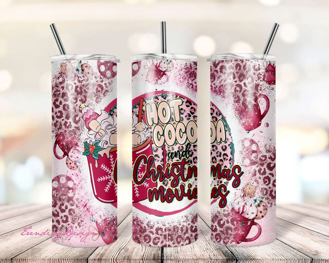 Hot Cocoa And Christmas Movies 20oz Tumbler Sublimation Wrap,Leopard Christmas Latte Christmas Tumbler PNG,Xmas Pink Theme Tumbler Design Sublimation TrendingDesign 