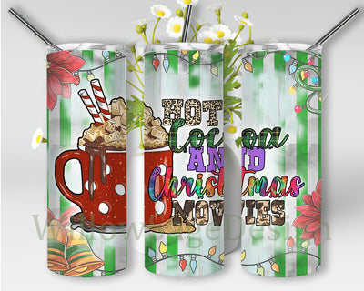 Hot Cocoa And Christmas Movies Tumbler Wrap, Christmas 20oz Skinny Tumbler, Xmas Tumbler Template, Digital Download Sublimation WillowSageDesign 