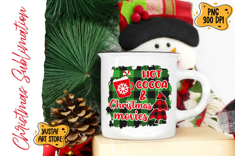 Hot cocoa & Christmas movies. Buffalo plaid & Christmas tree Sublimation Yustaf Art Store 