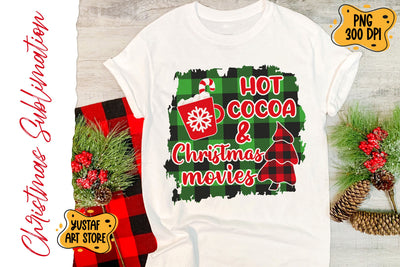 Hot cocoa & Christmas movies. Buffalo plaid & Christmas tree Sublimation Yustaf Art Store 