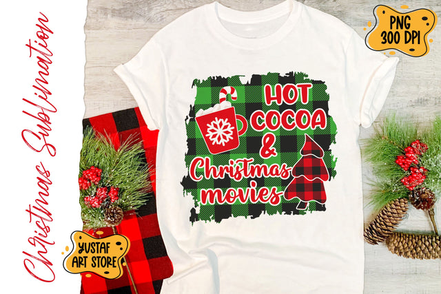 Hot cocoa & Christmas movies. Buffalo plaid & Christmas tree Sublimation Yustaf Art Store 