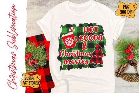 Hot cocoa & Christmas movies. Buffalo plaid & Christmas tree Sublimation Yustaf Art Store 