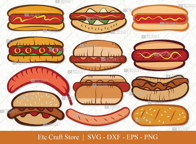 Hot Dog Clipart SVG Cut File | Fast Food Svg | BBQ Sauce Hot Dog Svg | Barbecue Sausage Svg | Hot Dog Bundle | First Food Svg | Eps | Dxf | Png SVG ETC Craft 