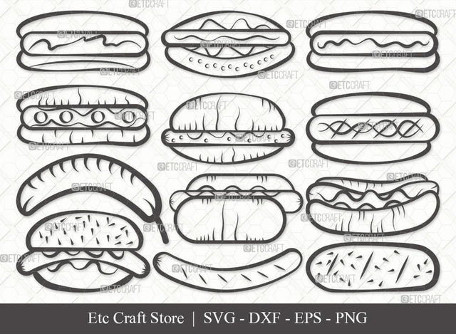 Hot Dog Outline SVG Cut File | Fast Food Svg | BBQ Sauce Hot Dog Svg | Barbecue Sausage Svg | Hot Dog Bundle | First Food Svg | Eps | Dxf | Png SVG ETC Craft 