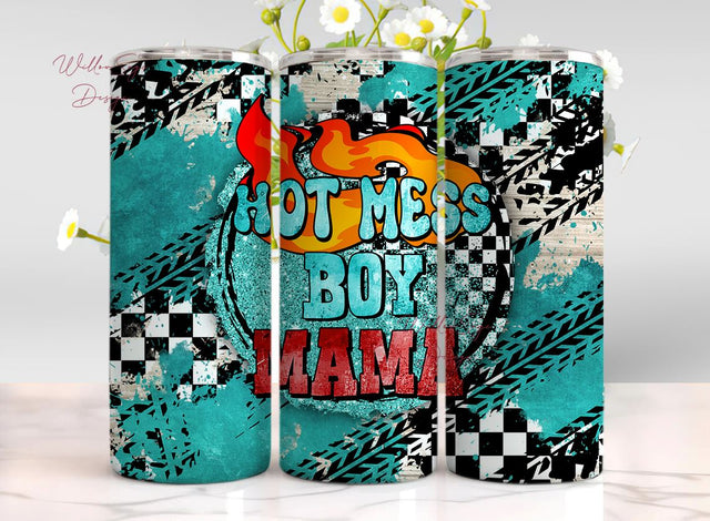 Hot mess boy mama with fire 20oz skinny tumbler png, Mother's Day png, checkered tumbler png, mama tumbler png, sublimate designs download Sublimation WillowSageDesign 