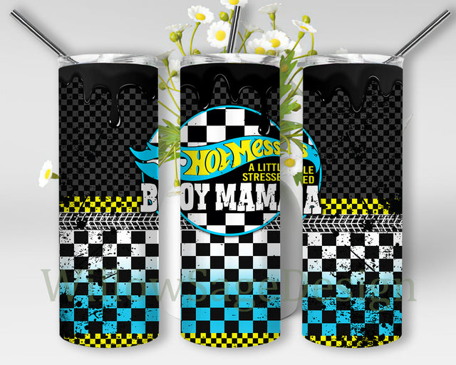 Hot Mess Boymama 20oz Skinny Tumbler, Race Mama Tumbler Png, Racing Sublimation Design, Race Flag Tumbler Wrap, Racer Gift, Digital Download Sublimation WillowSageDesign 