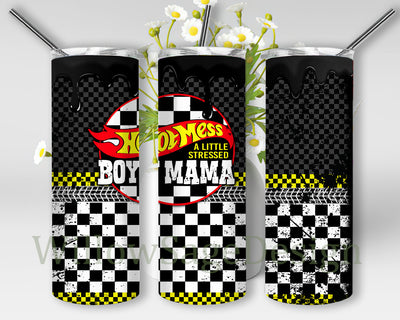 Hot Mess BoyMama 20oz Skinny Tumbler, Racing Mama Tumbler Png, Race Flag Design Png, Mama Racer Tumbler Wrap, Racing Sublimation Design, Digital Download Sublimation WillowSageDesign 