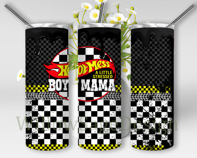 Hot Mess BoyMama 20oz Skinny Tumbler, Racing Mama Tumbler Png, Race Flag Design Png, Mama Racer Tumbler Wrap, Racing Sublimation Design, Digital Download Sublimation WillowSageDesign 