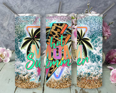 Hot Mom Summer Design Png, Summer 20oz Skinny Tumbler, Beach Glitter Tumbler Wrap, Mom Leopard Lightning Both Tumbler Png, Beach Sublimation Design, Instant Download Sublimation DesignSVG 