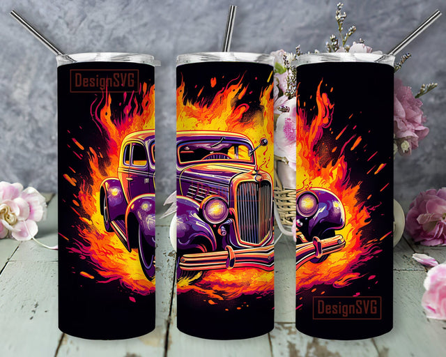 Hot Rod 20oz Skinny Tumbler Png, Dynamic Design Showcasing A Hotrod Bursting Through A Wall Of Flames Png, Vintage Car Png, American Hotrod Retro Png Sublimation DesignSVG 