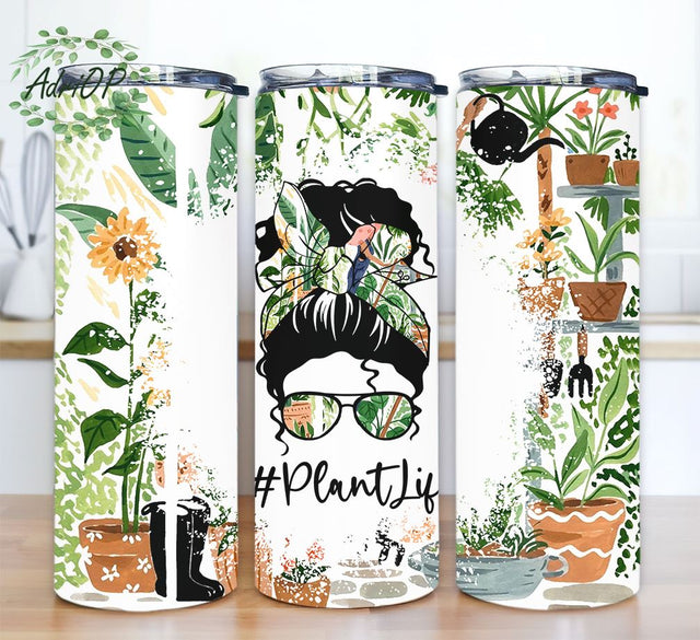 House Plants 20 oz skinny tumbler Plants Mom Messy Bun Sublimation Design, Crazy Plant Lady Tumbler PNG Sublimation AdriOP 