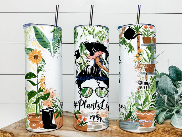 House Plants Tumbler, Plants Mom Messy Bun Seamless Tumbler, Plant Lady 20oz Skinny Tumbler, PNG Sublimation Sublimation iStyleDesign 