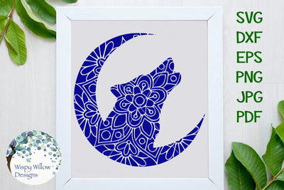 Howling Wolf in Moon Floral Mandala SVG Wispy Willow Designs 