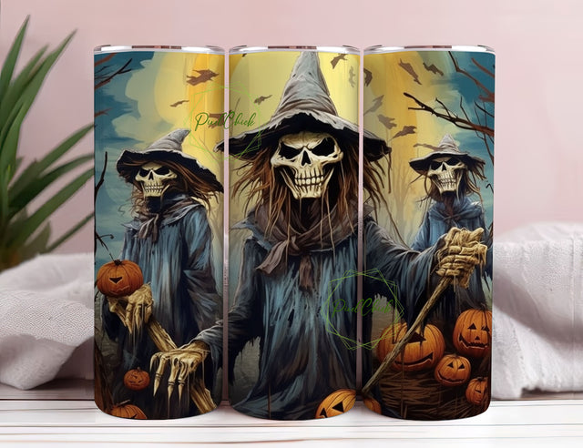 hree Scarecrows With Pumpkins Tumbler, Scarecrow Halloween 20oz Skinny Tumbler Sublimation Autumn Sublimation PixelChick 