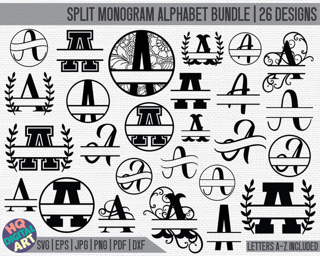 HUGE Split Monogram Alphabet Bundle SVG | 26 Letter Designs SVG HQDigitalArt 