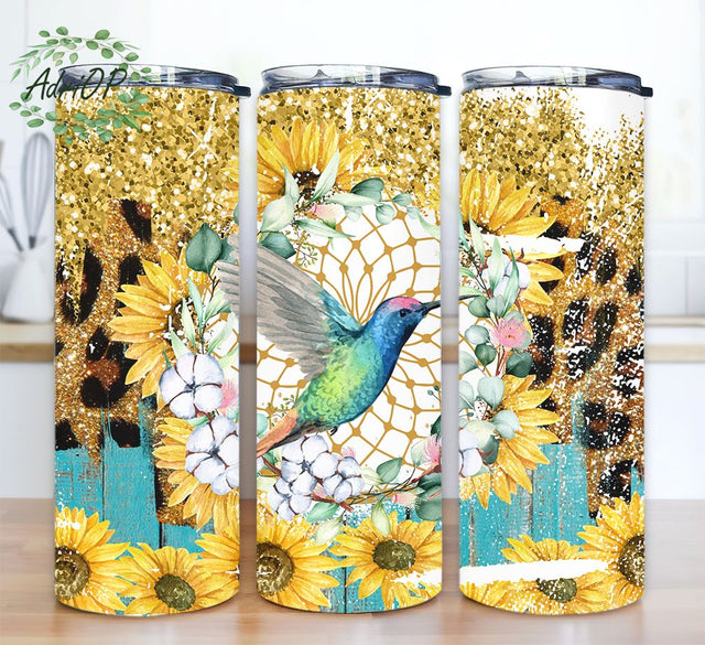 Humming Bird Sunflowers Tumbler Designs, sunflower 20oz Skinny Tumbler Wrap, Seamless Glitter Tumbler Template Sublimation AdriOP 