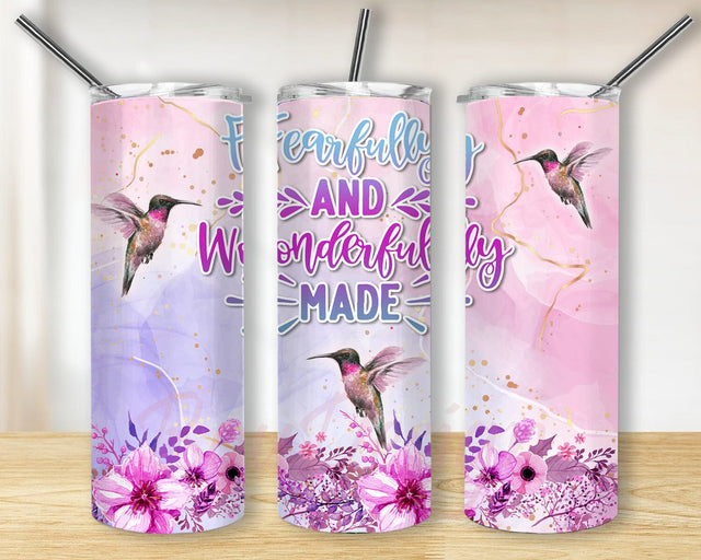 Hummingbird Floral 20oz Skinny Tumbler, Fearfully and Wonderfully Made Tumbler Png, Bible Quotes Tumbler Design, Christian Sublimation Design for Straight, Digital Download Sublimation BouDesign 