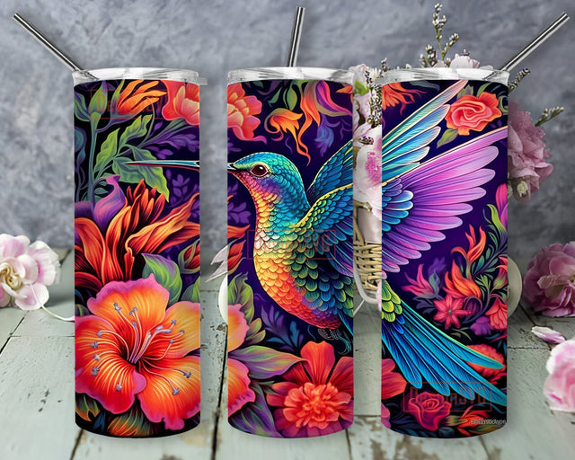 Hummingbird Flowers 20oz Skinny Tumbler Png, 3D Vibrant Hummingbird And Tropical Flowers Tumbler, Colorful Hummingbird Tumbler, Tropical Floral Png Sublimation DesignSVG 