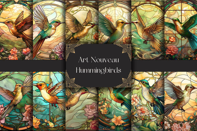 Hummingbird Stained Glass Art Nouveau Digital Backgrounds Sublimation BijouBay 