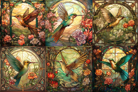 Hummingbird Stained Glass Art Nouveau Digital Backgrounds Sublimation BijouBay 
