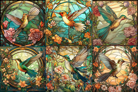 Hummingbird Stained Glass Art Nouveau Digital Backgrounds - So Fontsy