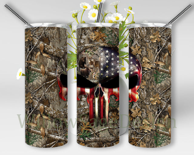 Hunting Skull American Flag Design Tumbler, Hunting Camo 20oz Skinny Tumbler, Forest Animal Hunting Tumbler Png, Hunting Sublimation Template, Digital Download Sublimation WillowSageDesign 