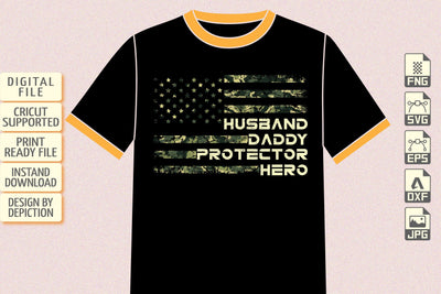 Husband Daddy Protector Hero American Flag Camo T-Shirt, American Flag Shirt Print Template Sketch DESIGN Depiction Studio 