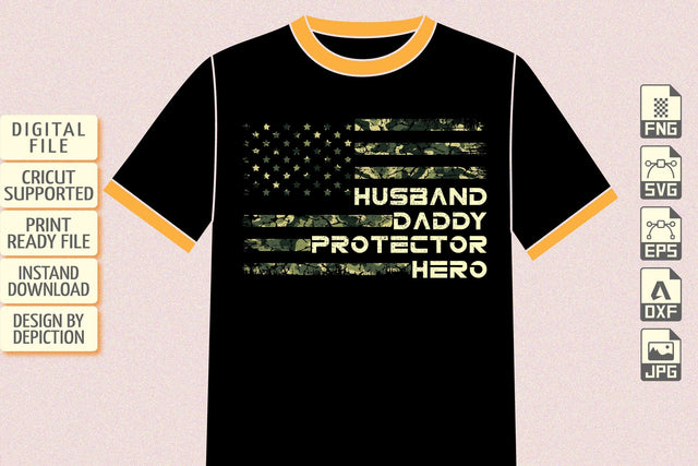 Husband Daddy Protector Hero American Flag Camo T-Shirt, American Flag Shirt Print Template Sketch DESIGN Depiction Studio 
