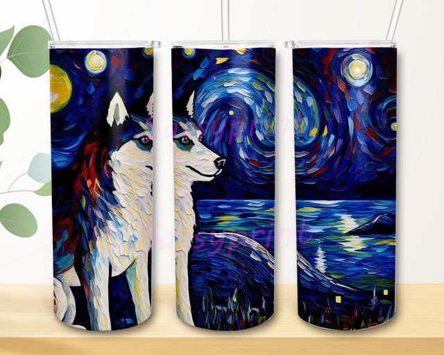 Husky Portrait Starry Night 20oz Skinny Tumbler Png, Husky Tumbler, Dog Tumbler, Dog Sublimation Tumbler, Watercolor Dog Painting, Siberian Husky Sublimation sassyprint 