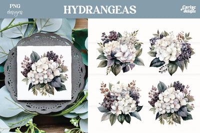 Hydrangeas Clipart PNG | Watercolor Flowers PNG Sublimation Carla C Designs 