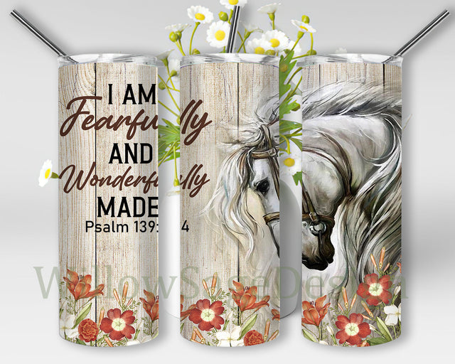 I Am Fearfully and Wonderfully Made Design Tumbler, Horse Wood 20oz Skinny Tumbler, Horse Flower Tumbler Wrap, Horse Sublimation Png, Horse Lovers Tumbler Png, Instant Download Sublimation WillowSageDesign 