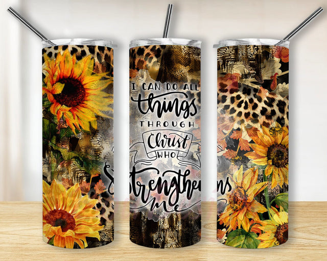 I Can Do All Things Through Christ, Leopard Sunflower 20oz Skinny Tumbler Christian Bible Verse Sublimation Design, Leopard Sunflower Design Png Sublimation BouDesign 