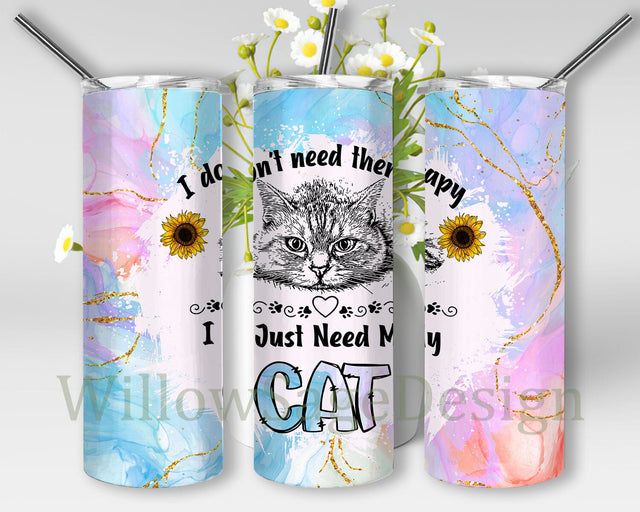 I Don't Need Therapy I Just Need My Cat Tumbler Design, Cute Cats 20oz Skinny Tumbler, Colorful Marble Glitter Tumbler Wrap, Cat Lover Tumbler Png, Digital Download Sublimation WillowSageDesign 