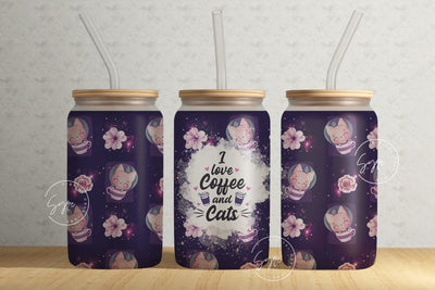 I Love Coffee And Cats Tumbler Wrap PNG, Coffee Quote Tumbler, 16 oz Libbey Glass Can Tumbler Sublimation Design PNG Sublimation Syre Digital Creations 