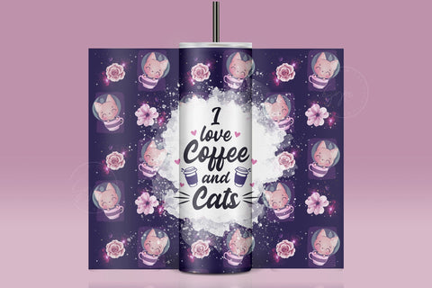 I Love Coffee And Cats Tumbler Wrap PNG, Cute Cat And Coffee design tumbler, Cat In Cup, Skinny 20 oz Seamless Sublimation Design, Digital Downloads Sublimation Syre Digital Creations 