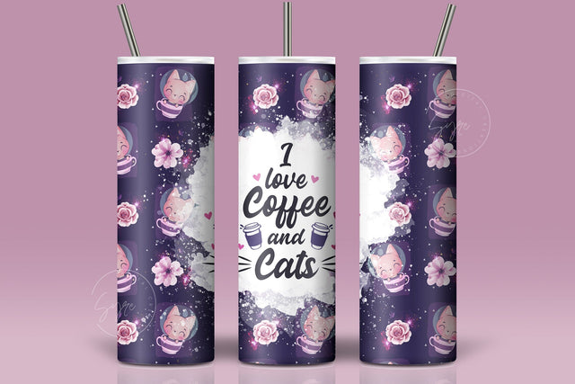I Love Coffee And Cats Tumbler Wrap PNG, Cute Cat And Coffee design tumbler, Cat In Cup, Skinny 20 oz Seamless Sublimation Design, Digital Downloads Sublimation Syre Digital Creations 